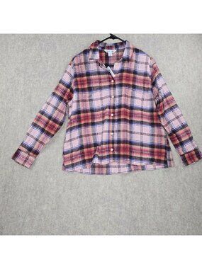 Old Navy Womens Boyfriend Shirt Plaid Button-Up Long Sleeve Pink/Red 100% Cotton